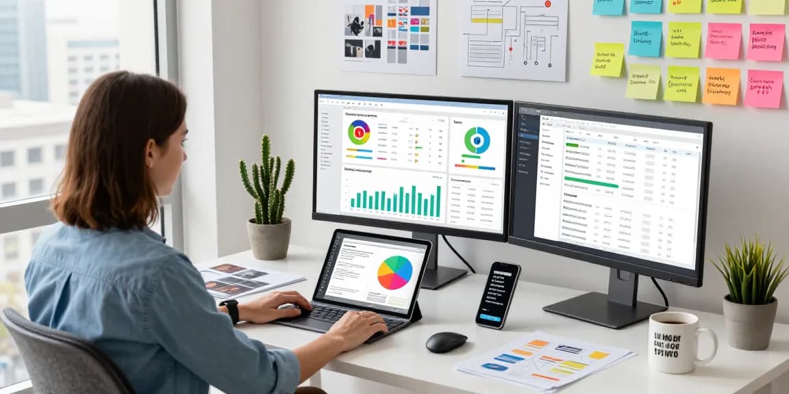 Dynamic workspace scene showcasing miraviglp.com digital marketing strategies with professional analyzing marketing data on multiple screens.