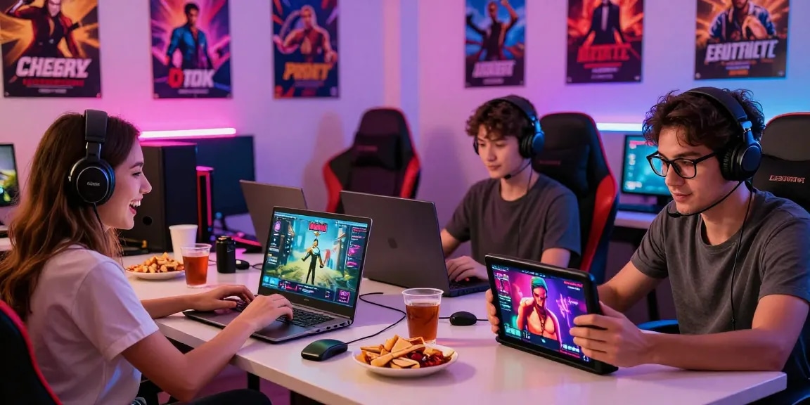 Engaging scene of players enjoying online porn games on various devices in a vibrant gaming nook.