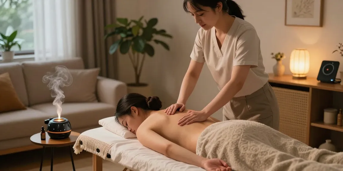Relaxing 강서구출장안마 at-home massage scene with a therapist and soothing ambiance.