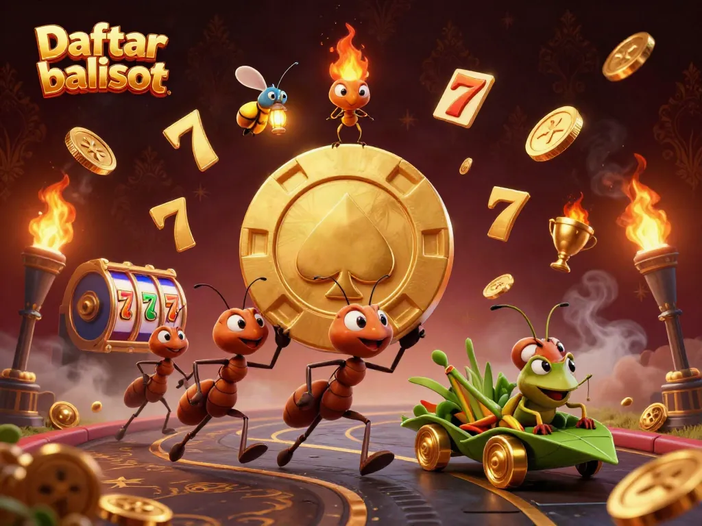 Experience the thrill of Daftar balisot with animated ants stealing a giant poker chip.