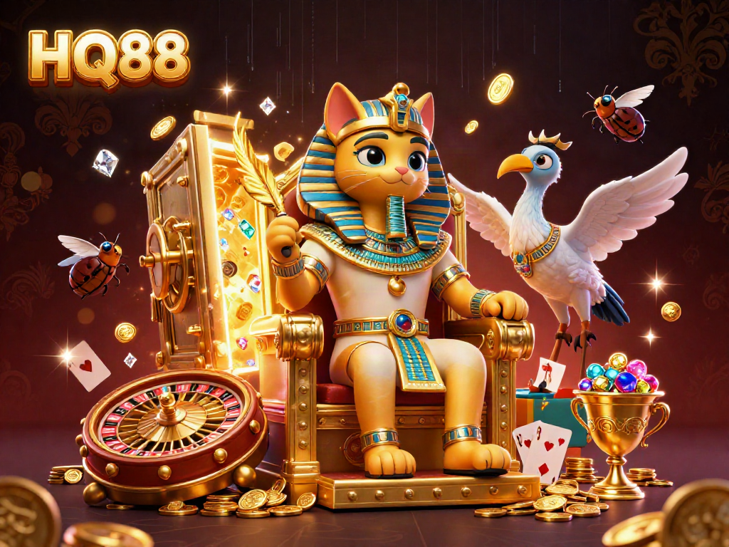 Experience thrilling gameplay at HQ88 with a regal Egyptian cat and vibrant casino elements captivating your attention.