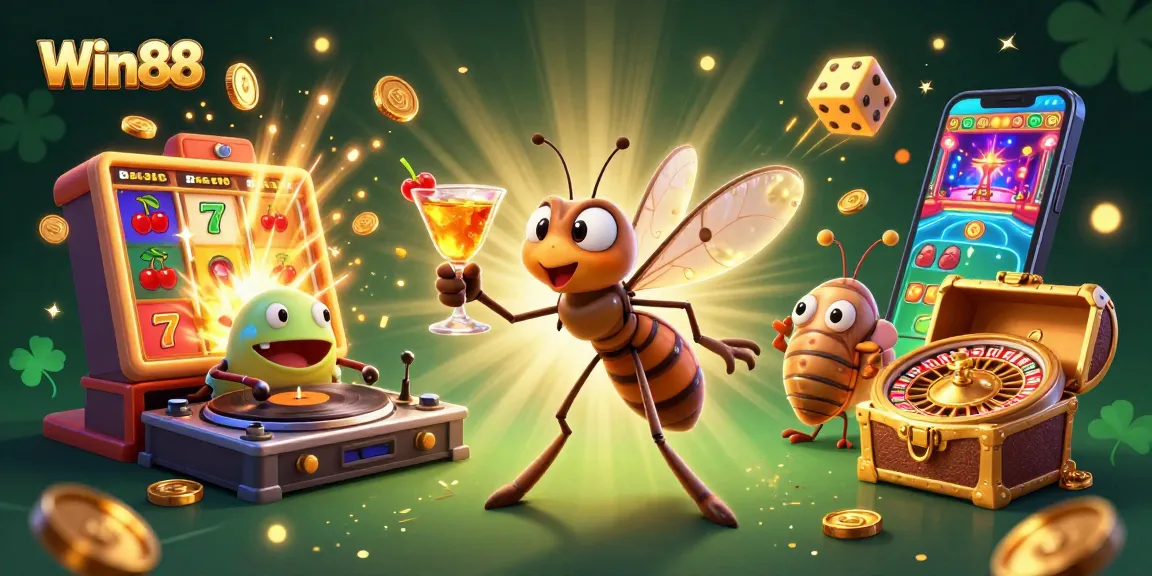 Experience Win88 with a vibrant 3D casino illustration showing lucky symbols, characters, and excitement.