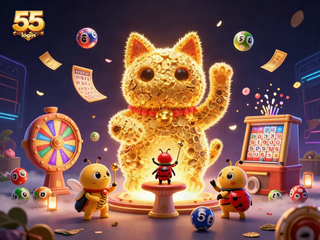 Experience a thrilling 55 club login moment with vibrant casino symbols and lottery action.