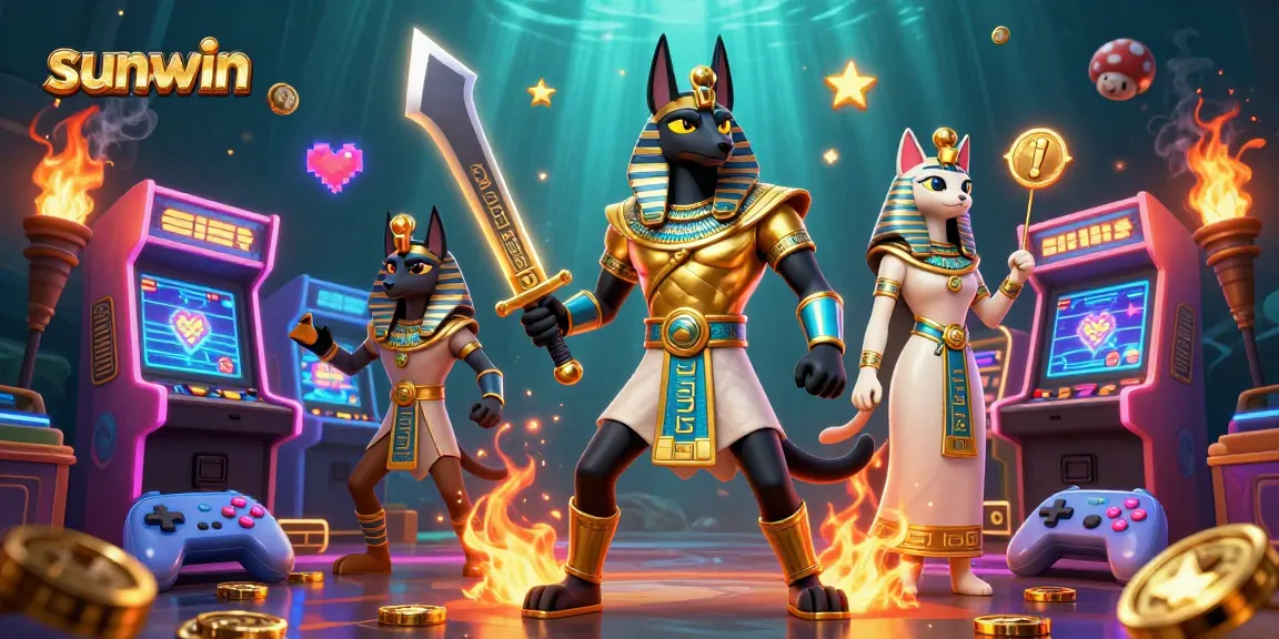Experience thrilling gameplay with sunwin as Anubis and Bastet navigate a colorful casino landscape.