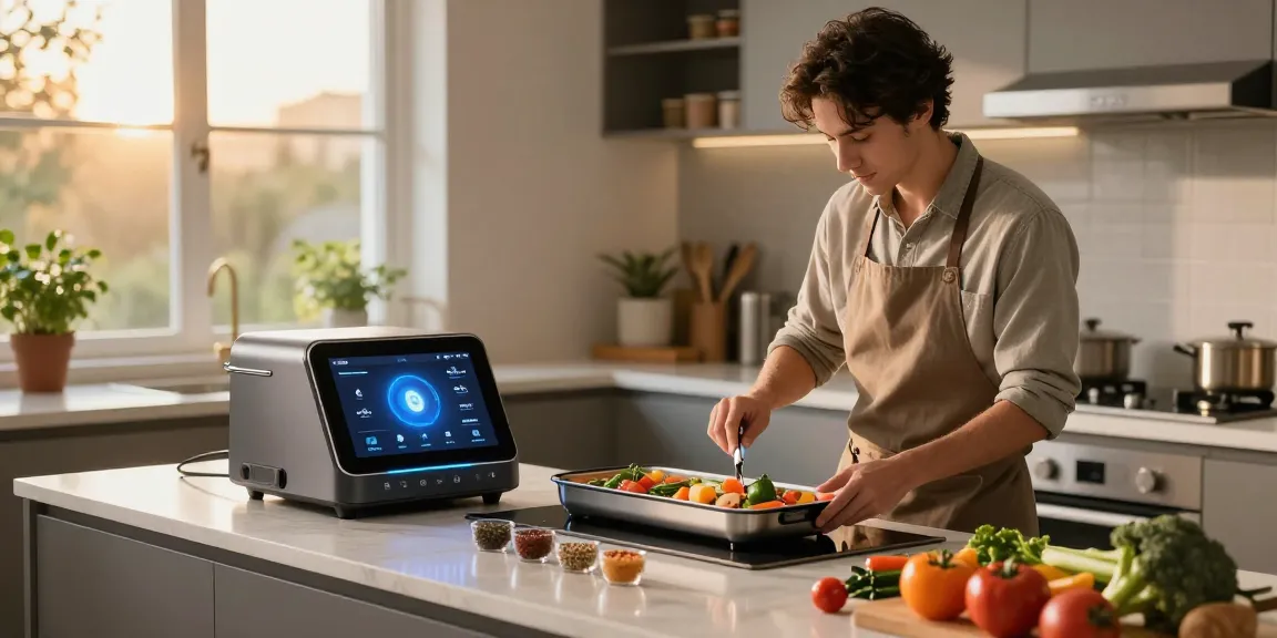 Home cook using AI cooking gadgets in a modern kitchen, preparing a gourmet meal with smart appliances.