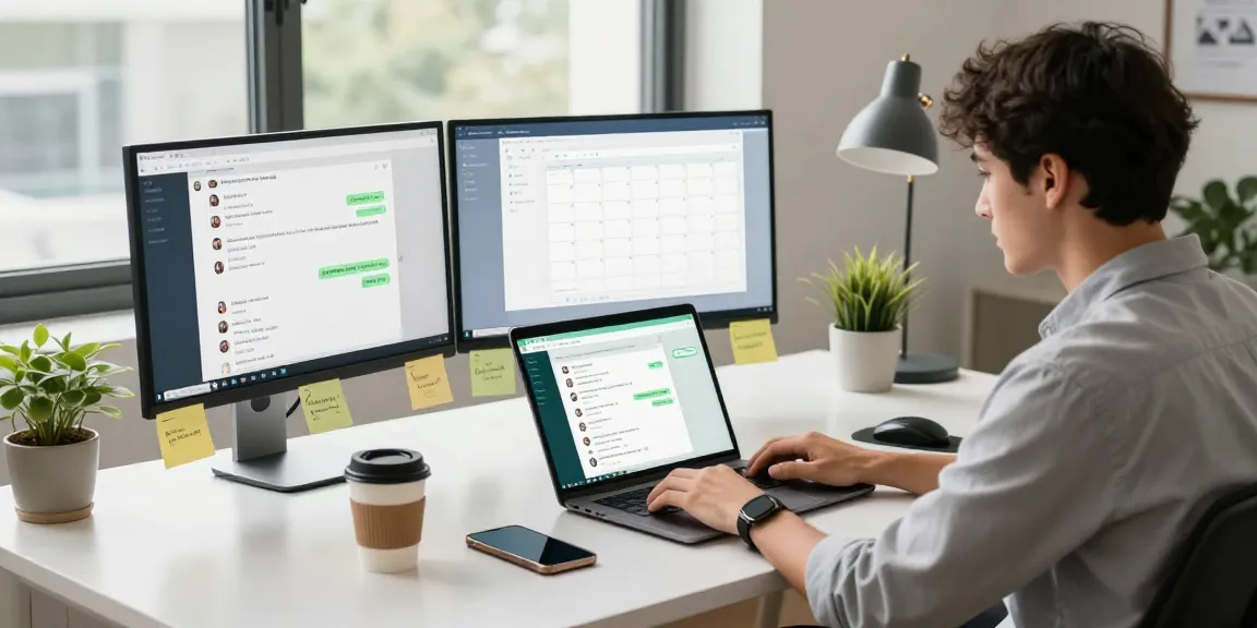 Professional using WhatsApp網頁版 on laptop in a modern workspace, showcasing tech connectivity and productivity.