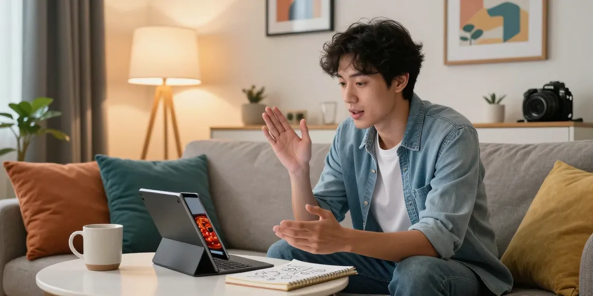 Engaging in a spicy chat with a virtual assistant in a cozy living room setting, showcasing technology and personal interaction.