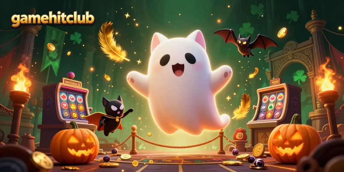 Experience thrilling gaming at gamehitclub with a haunted casino backdrop featuring a ghost cat and glowing jack-o-lanterns.