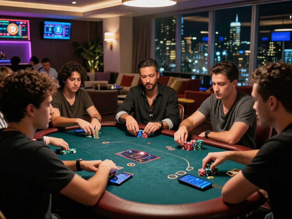 Group enjoying a poker game in a vibrant crypto casino with digital trends