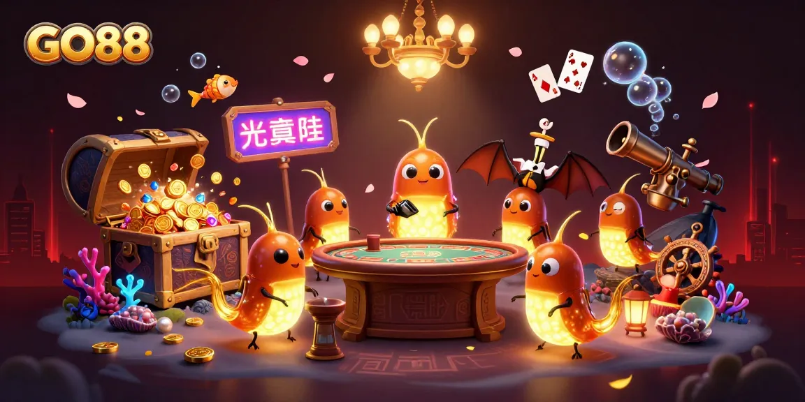 Experience exciting gameplay at GO88 with vibrant glowworms illuminating a dynamic cave casino scene filled with treasures.