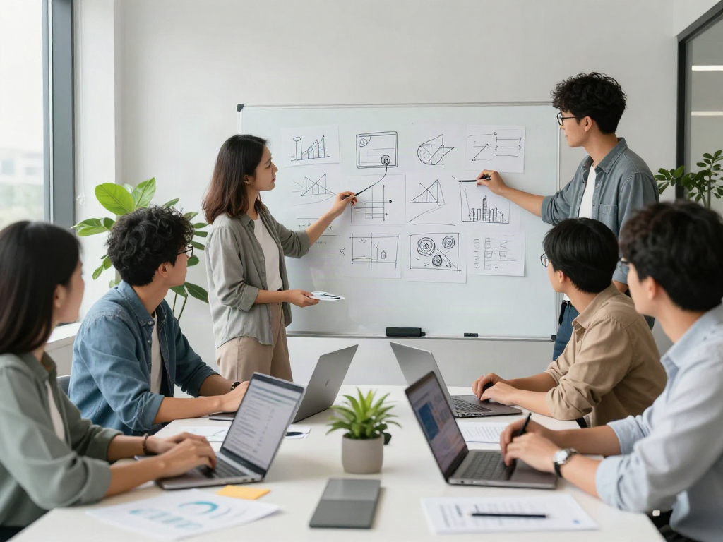 Dynamic team collaboration in a modern office where he has a good point about innovation.
