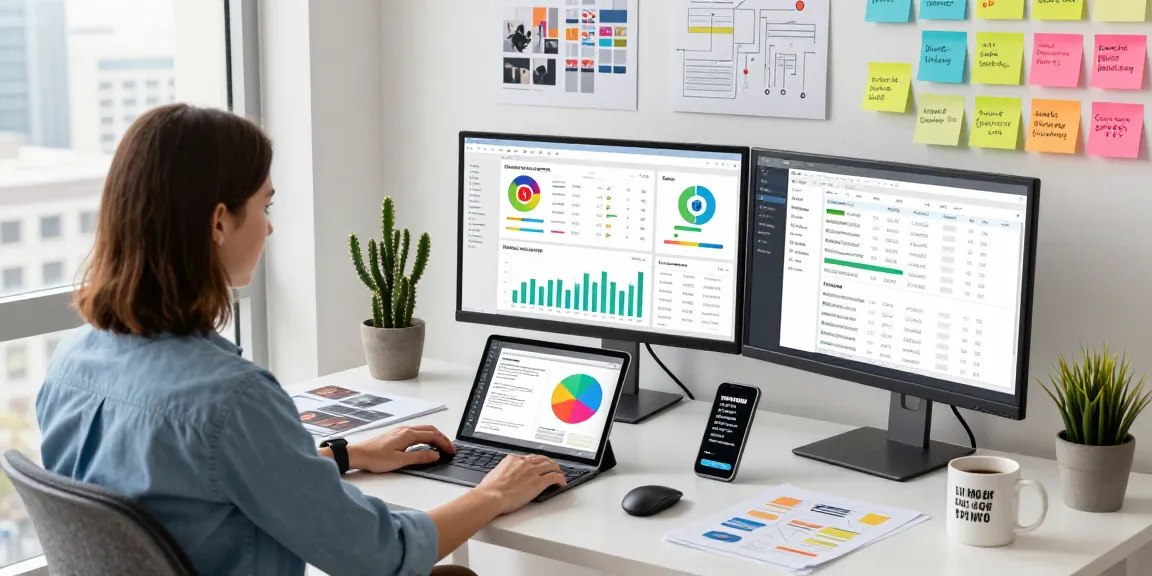 Dynamic workspace scene showcasing miraviglp.com digital marketing strategies with professional analyzing marketing data on multiple screens.
