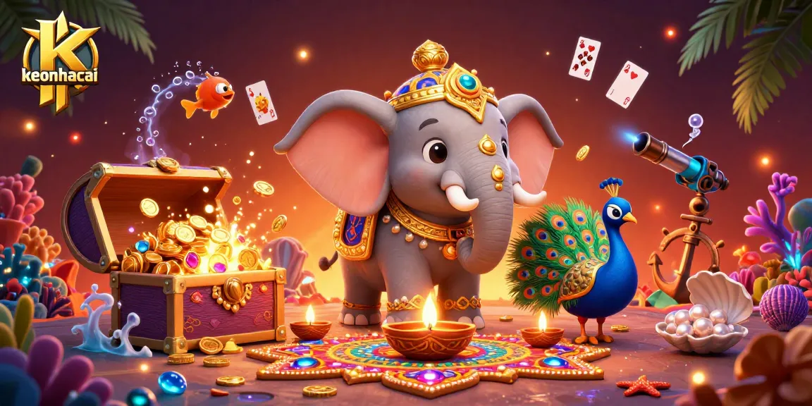 Join the keonhacai adventure with a vibrant elephant and peacock amidst dynamic casino treasures.