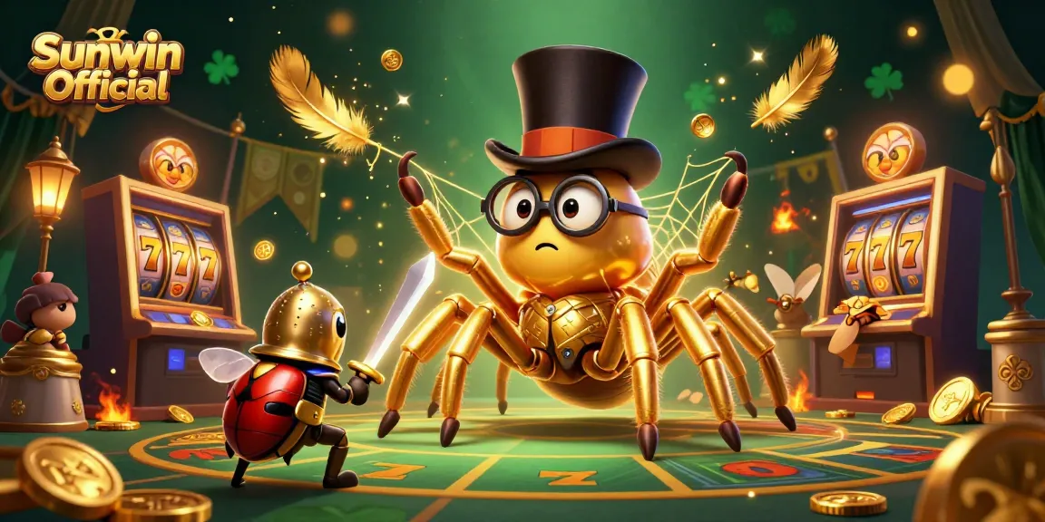 Engage with Sunwin Official's vibrant slot scene featuring a golden tarantula and a beetle knight.