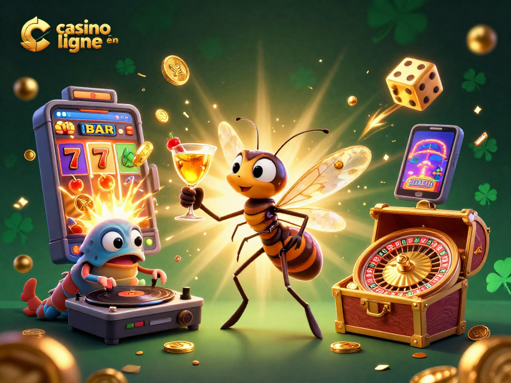 Vivez l'excitation du casino en ligne avec une scène dynamique réunissant un moustique mascotte, un DJ trilobite et une roue de roulette spiralée.