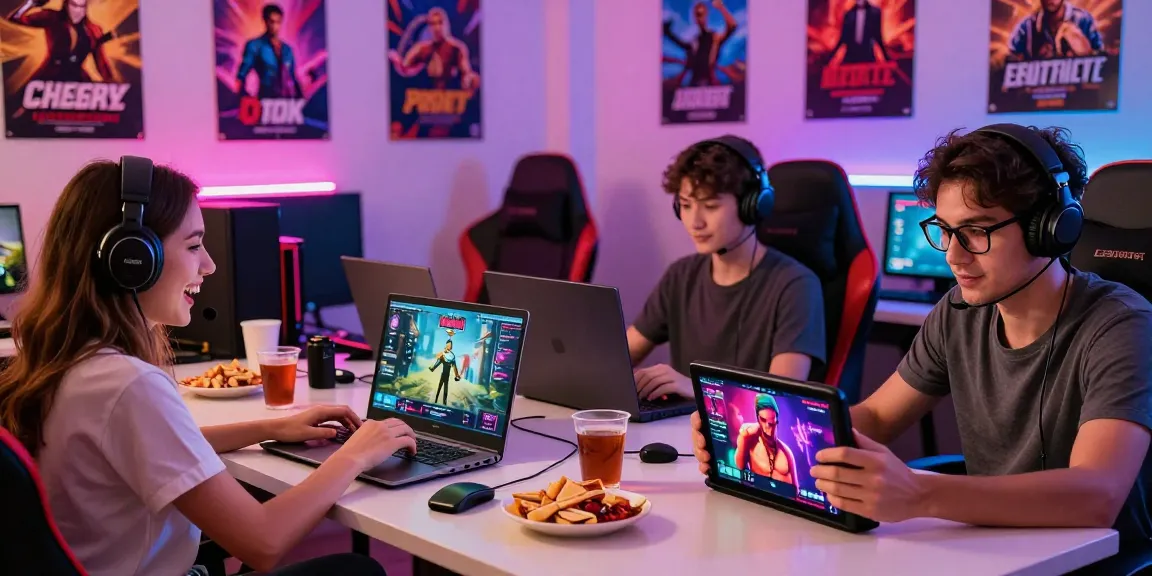 Engaging scene of players enjoying online porn games on various devices in a vibrant gaming nook.