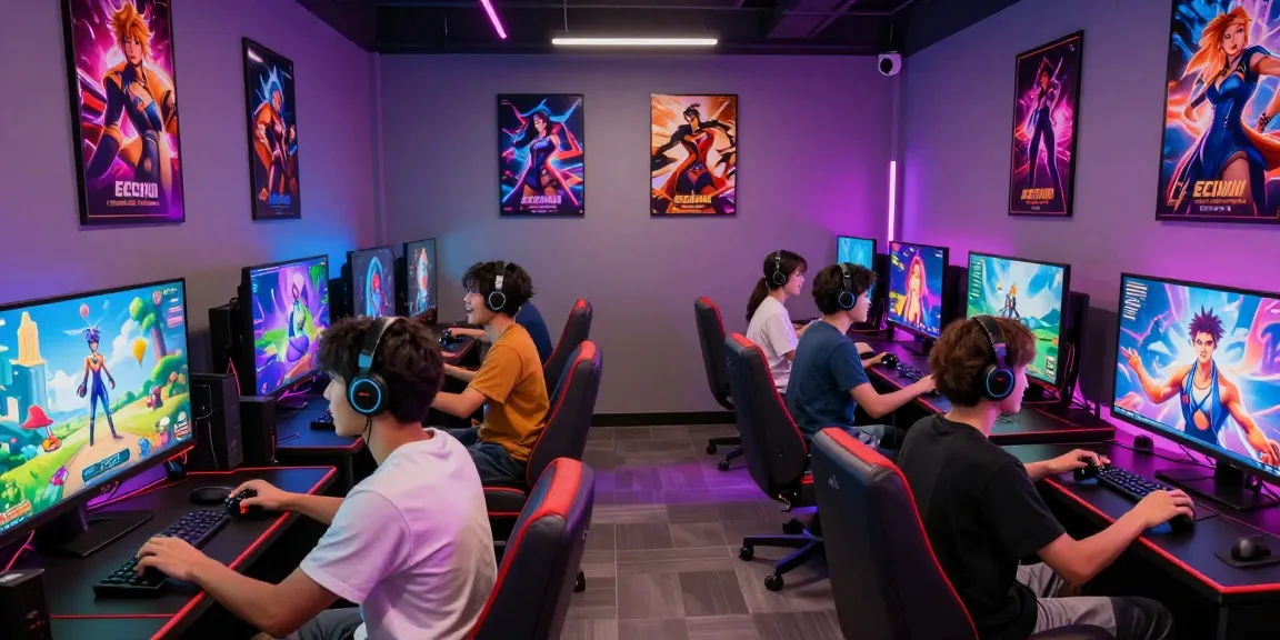 Dynamic ecchi simulator gaming scene with players enjoying interactive experiences in a vibrant gaming lounge.