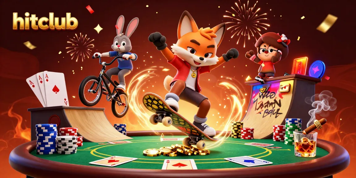 Experience the thrill of hitclub gaming with a vibrant illustration of a fox and rabbit on casino-themed skateboard ramps.