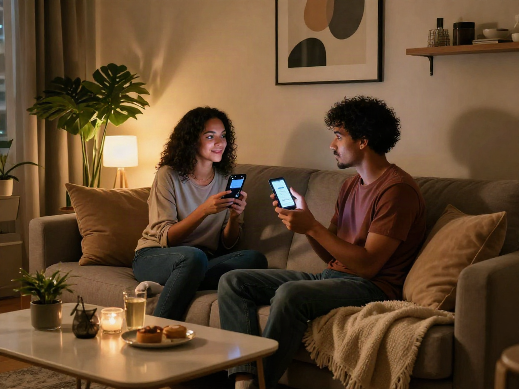 Couple enjoying a cozy evening with sex chat ai in a modern apartment.