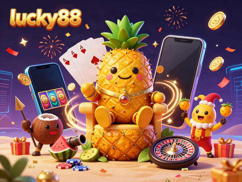 Spin and win with lucky88 in this vibrant casino-themed illustration featuring a playful pineapple king.