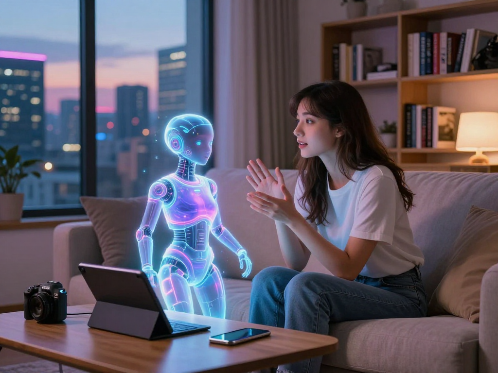 Engaging scene of a woman interacting with her AI girlfriend in a modern living room, showcasing companionship.