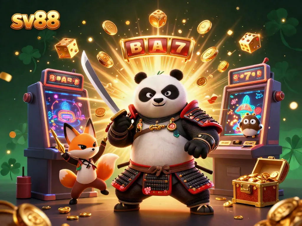 Engage with sv88 in a vibrant scene, showcasing samurai panda, ninja fox, and tanuki among casino elements.