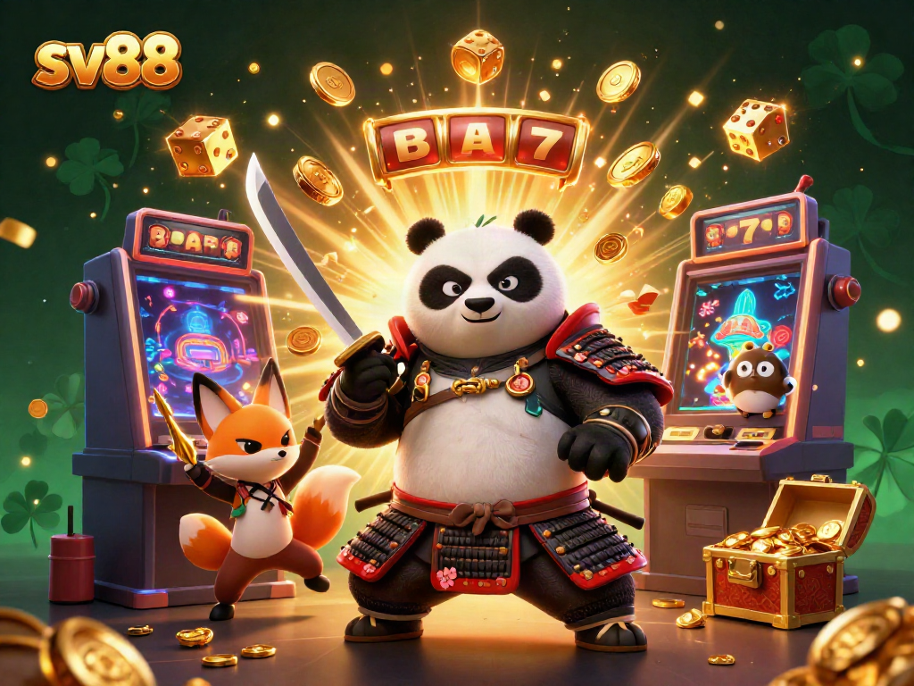 Engage with sv88 in a vibrant scene, showcasing samurai panda, ninja fox, and tanuki among casino elements.