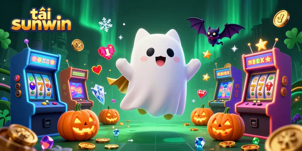 This dynamic casino scene with a friendly ghost cat embodies tải sunwin gaming excitement amidst slot machines and glowing elements.