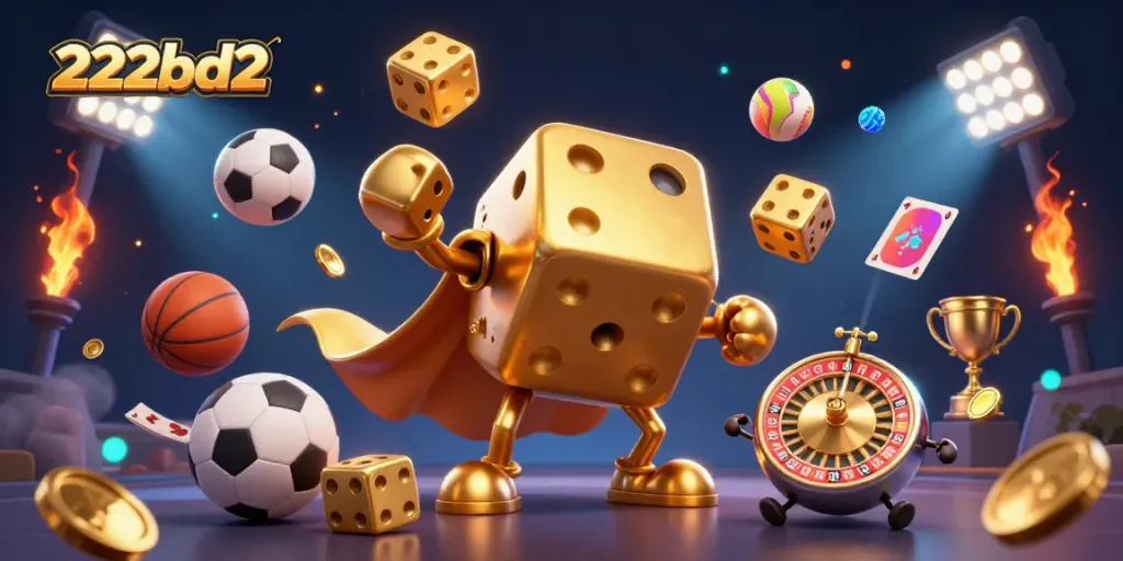 Experience thrilling gameplay with 222bd2's lively casino-themed illustration featuring golden dice and sports elements.