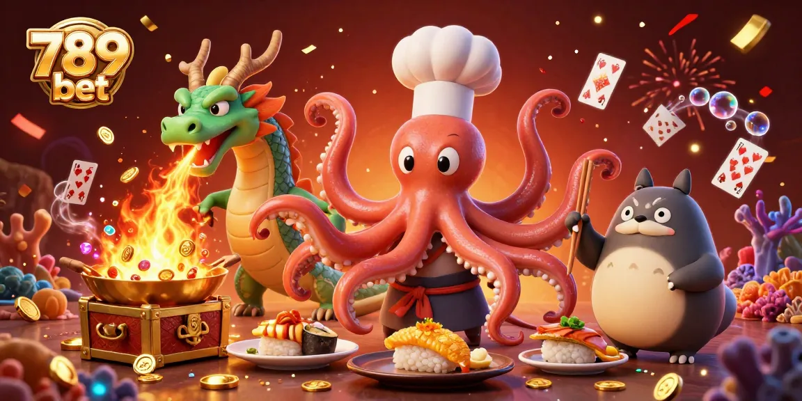 Experience the thrill of winning with 789 bet in this vibrant casino illustration featuring a dynamic sushi chef octopus and fantastical companions.