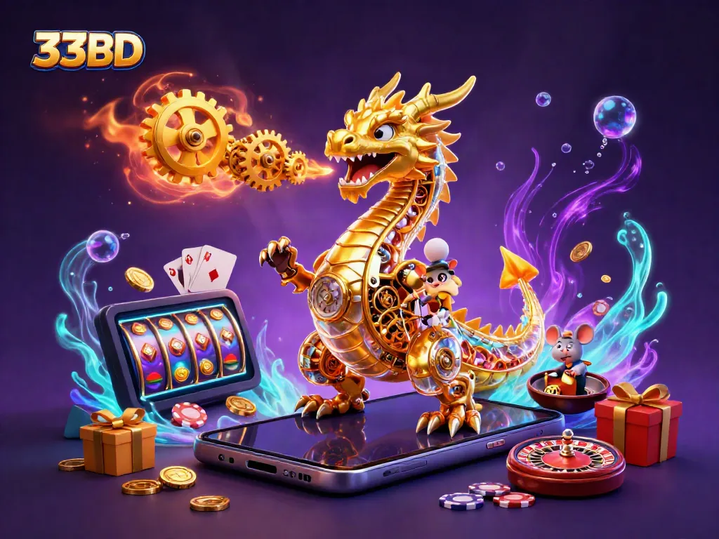 Experience thrilling gaming with 33BD, featuring a roaring dragon amidst slot games and vibrant casino elements.