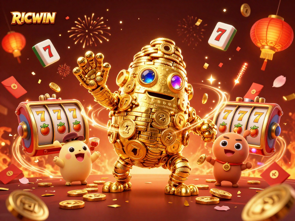 Engage in thrilling slot gaming with RICWIN's animated golden golem surrounded by vibrant casino elements.