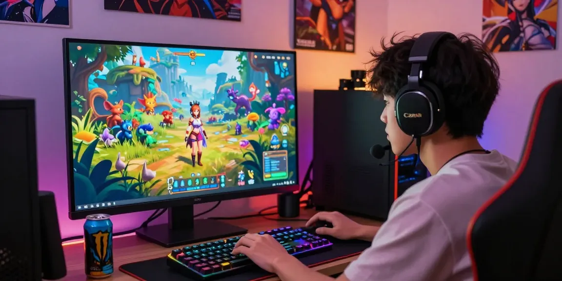 Engaged gamer playing AI hentai games on laptop in colorful fantasy environment.